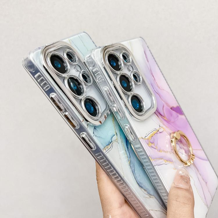 For Samsung Galaxy S25 Ultra 5G Electroplated Marble Texture Ring Holder Phone Case(Light Blue S5) - Galaxy S25 Ultra 5G Cases by PMC Jewellery | Online Shopping South Africa | PMC Jewellery | Buy Now Pay Later Mobicred