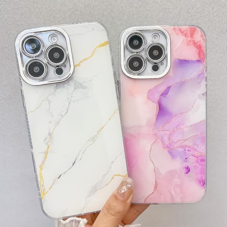 For iPhone 16e Electroplated Marble Texture Phone Case(Gold Purple Red M15) - iPhone 16e Cases by PMC TechLife | Online Shopping South Africa | PMC TechLife | Buy Now Pay Later Mobicred
