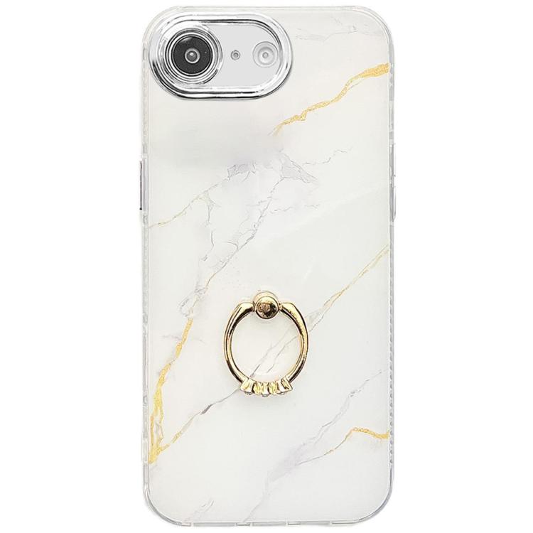 For iPhone 16e Electroplated Marble Texture Ring Holder Phone Case(Gold White S1) - iPhone 16e Cases by PMC TechLife | Online Shopping South Africa | PMC TechLife | Buy Now Pay Later Mobicred
