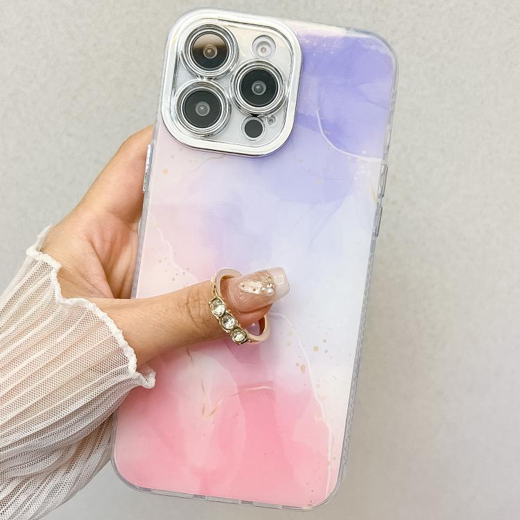 For iPhone 16e Electroplated Marble Texture Ring Holder Phone Case(Pink Purple S4) - iPhone 16e Cases by PMC TechLife | Online Shopping South Africa | PMC TechLife | Buy Now Pay Later Mobicred