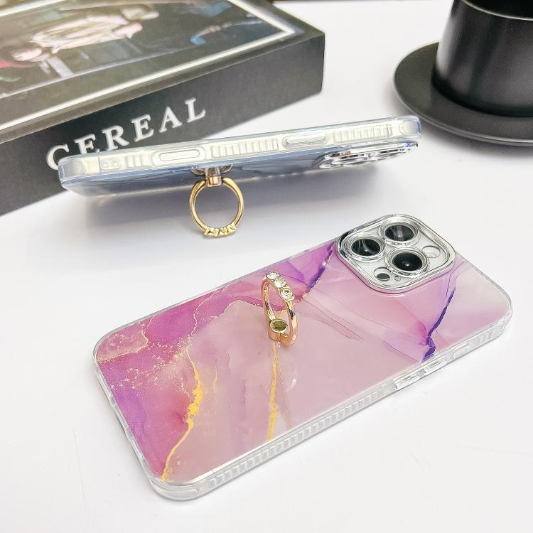 For iPhone 16e Electroplated Marble Texture Ring Holder Phone Case(Gold White S1) - iPhone 16e Cases by PMC TechLife | Online Shopping South Africa | PMC TechLife | Buy Now Pay Later Mobicred