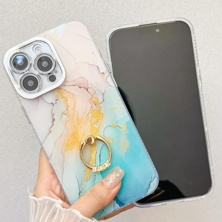 For iPhone 16e Electroplated Marble Texture Ring Holder Phone Case(Blue Green S9) - iPhone 16e Cases by PMC TechLife | Online Shopping South Africa | PMC TechLife | Buy Now Pay Later Mobicred