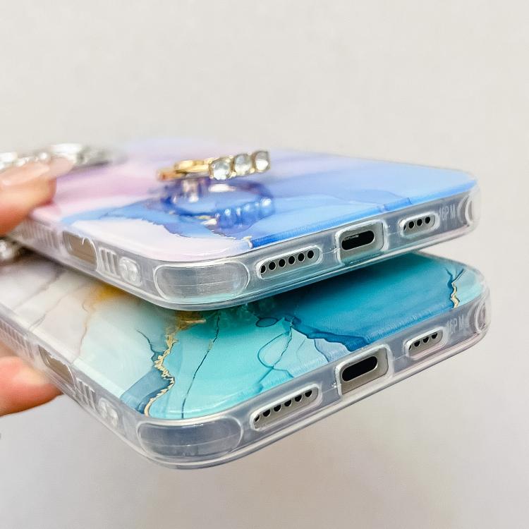 For iPhone 16e Electroplated Marble Texture Ring Holder Phone Case(Blue Green S9) - iPhone 16e Cases by PMC TechLife | Online Shopping South Africa | PMC TechLife | Buy Now Pay Later Mobicred