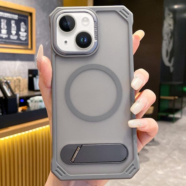 For iPhone 14 Skin Feel Frameless MagSafe PC Phone Case with Fold Holder(Grey) - iPhone 14 Cases by PMc TechLife | Online Shopping South Africa | PMc TechLife | Buy Now Pay Later Mobicred
