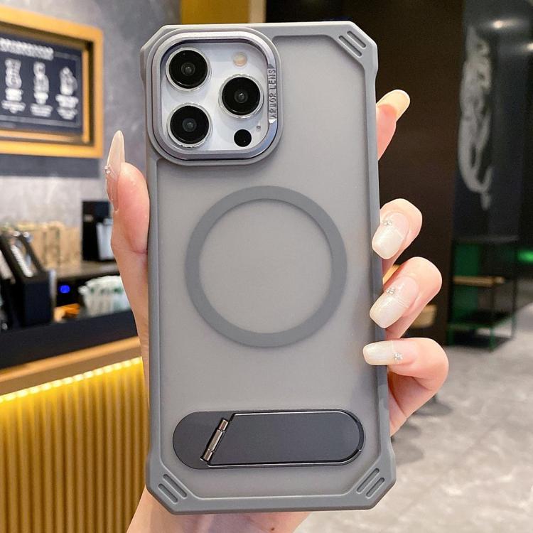 For iPhone 14 Pro Max Skin Feel Frameless MagSafe PC Phone Case with Fold Holder(Grey) - iPhone 14 Pro Max Cases by PMc TechLife | Online Shopping South Africa | PMc TechLife | Buy Now Pay Later Mobicred