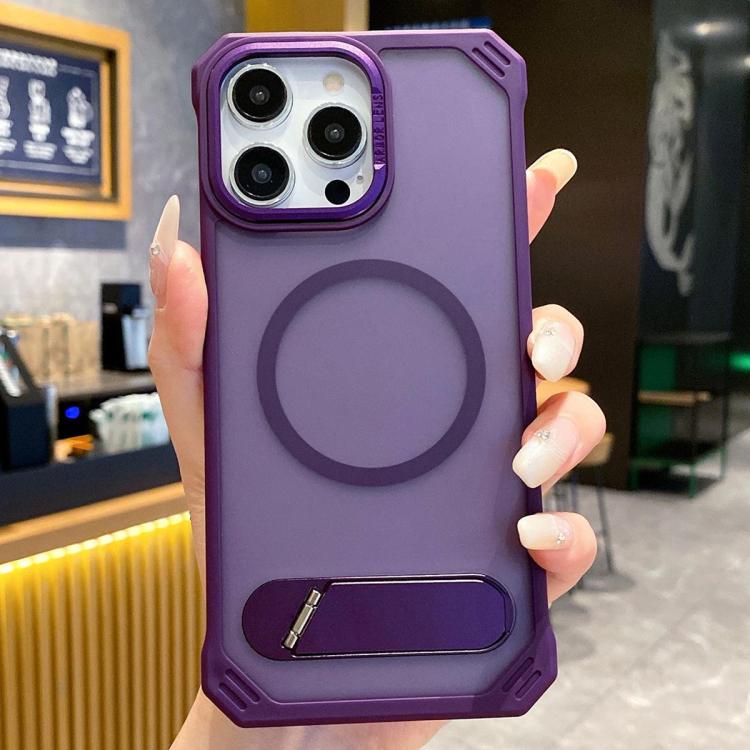 For iPhone 14 Pro Max Skin Feel Frameless MagSafe PC Phone Case with Fold Holder(Purple) - free shipping - PMc TechLife - Order now!