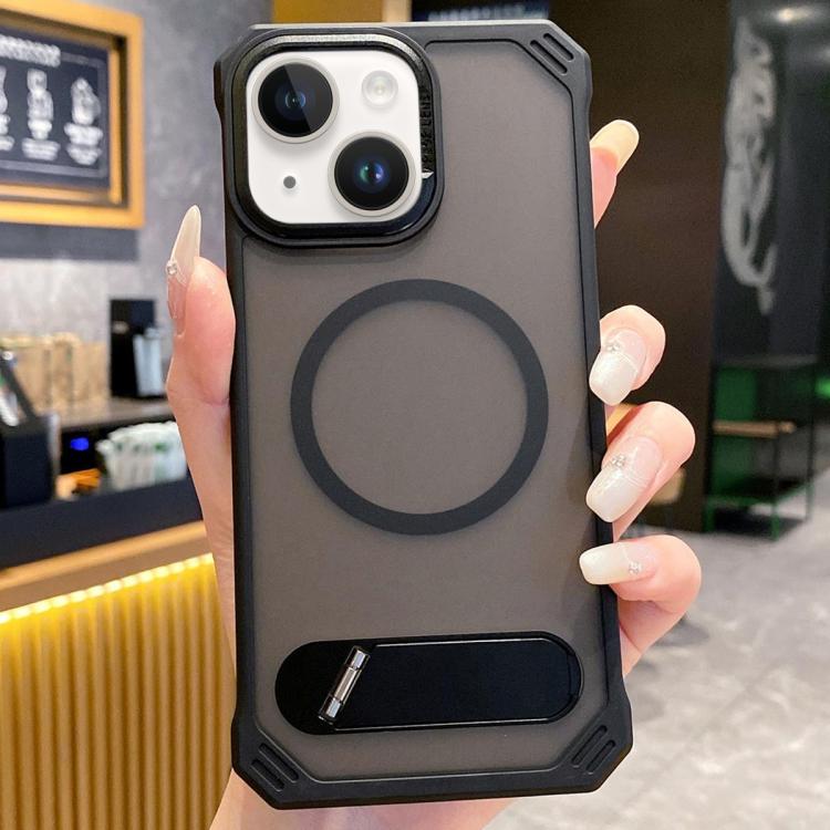 For iPhone 15 Skin Feel Frameless MagSafe PC Phone Case with Fold Holder(Black) - iPhone 15 Cases by PMc TechLife | Online Shopping South Africa | PMc TechLife | Buy Now Pay Later Mobicred