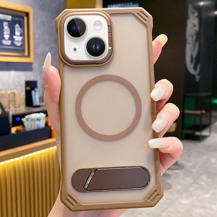 For iPhone 15 Skin Feel Frameless MagSafe PC Phone Case with Fold Holder(Desert Gold) - free shipping - PMc TechLife - Order now!