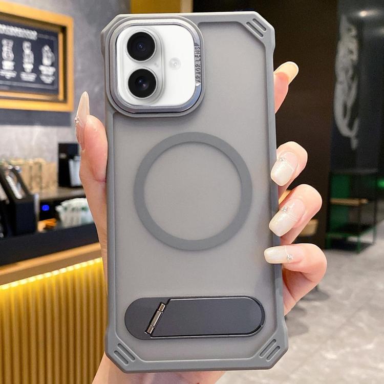 For iPhone 16 Skin Feel Frameless MagSafe PC Phone Case with Fold Holder(Grey) - iPhone 16 Cases by PMc TechLife | Online Shopping South Africa | PMc TechLife | Buy Now Pay Later Mobicred