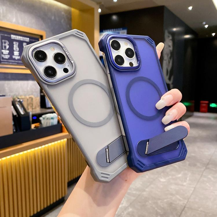 For iPhone 13 Pro Skin Feel Frameless MagSafe PC Phone Case with Fold Holder(Grey) - iPhone 13 Pro Cases by PMc TechLife | Online Shopping South Africa | PMc TechLife | Buy Now Pay Later Mobicred