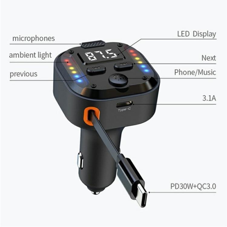 C69 PD 30W Fast Charger FM Transmitter Bluetooth Car Charger with Type-C Extendable Cable - Bluetooth Car Kits by PMc TechLife | Online Shopping South Africa | PMc TechLife | Buy Now Pay Later Mobicred