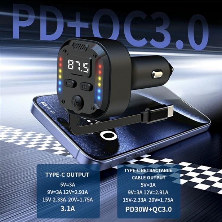 C69 PD 30W Fast Charger FM Transmitter Bluetooth Car Charger with Type-C Extendable Cable - Bluetooth Car Kits by PMc TechLife | Online Shopping South Africa | PMc TechLife | Buy Now Pay Later Mobicred