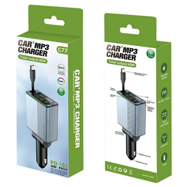 C77 Car Charger FM Transmitter Fast Charging Adapter with PD 30W Extendable Type-C Cable - Car Charger by PMc TechLife | Online Shopping South Africa | PMc TechLife | Buy Now Pay Later Mobicred