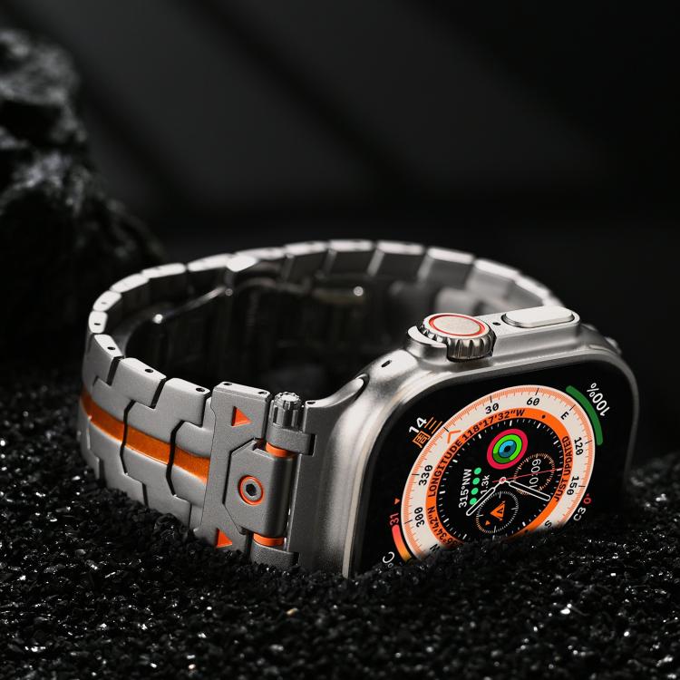 For Apple Watch 46mm / 49mm / 45mm / 44mm Stainless Steel Iron Man Butterfly Buckle Metal Watch Band(Silver Orange) - free shipping - PMC TechLife - Order now!