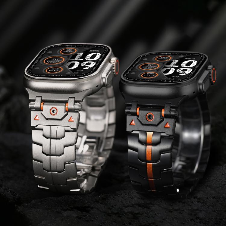 For Apple Watch 46mm / 49mm / 45mm / 44mm Stainless Steel Iron Man Safety Buckle Metal Watch Band(Titanium Color Orange) - free shipping - PMC TechLife - Order now!
