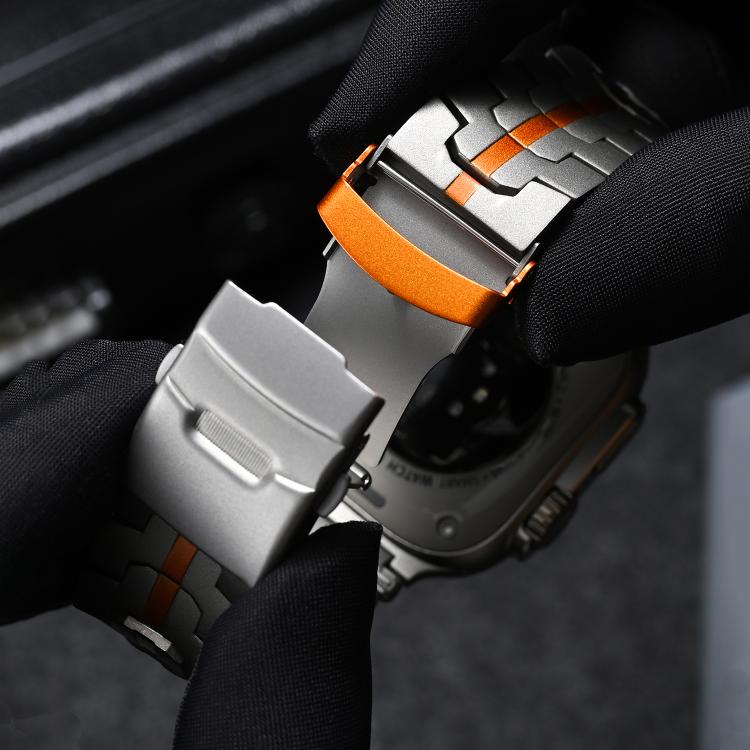For Apple Watch 46mm / 49mm / 45mm / 44mm Stainless Steel Iron Man Safety Buckle Metal Watch Band(Black Orange) - free shipping - PMC TechLife - Order now!