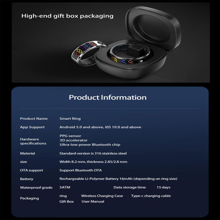 R12 SIZE 8 Smart Ring, Support Heart Rate / Blood Oxygen / Sleep / Multiple Sports Modes(Black) - free shipping - PMC TechLife - Order now!