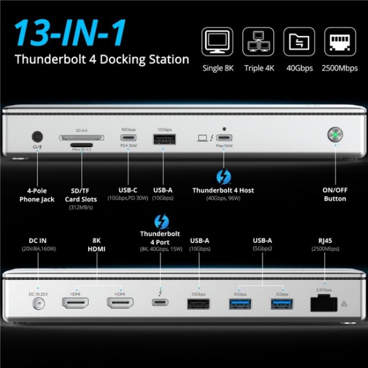 WAVLINK UTD45 96W Charging 8K / 4K Display Thunderbolt 4 Docking Station 13-in-1 Hub(US Plug) - free shipping - PMc TechLife - Order now!