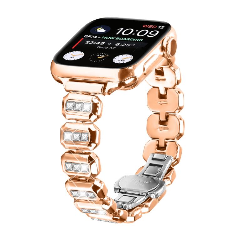 For Apple Watch 46mm / 49mm / 45mm / 44mm Small Square Diamonds Butterfly Buckle Watch Band(Rose Gold) - free shipping - PMC TechLife - Order now!