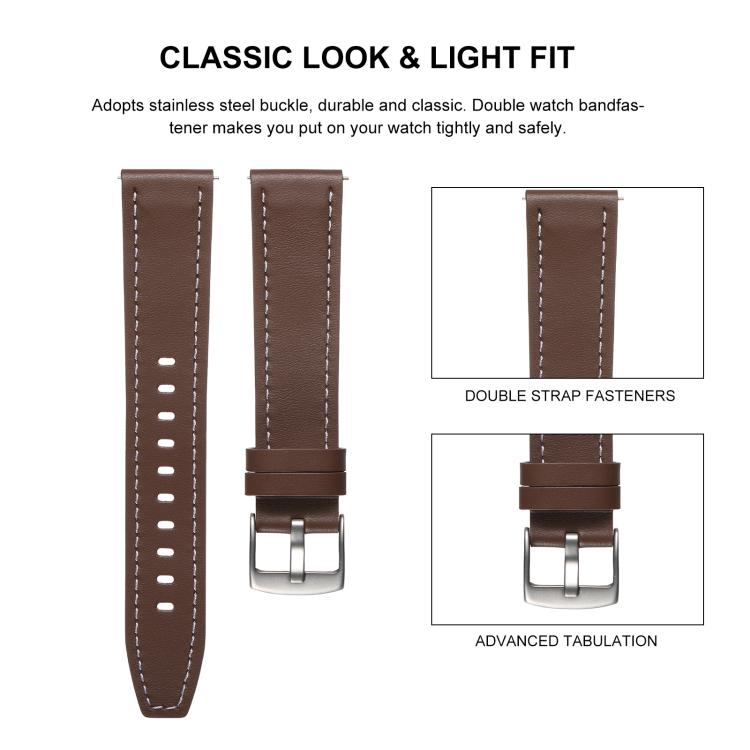 20mm Push Button Silver Steel Buckle Genuine Leather Watch Band(Brown) - free shipping - PMC TechLife - Order now!