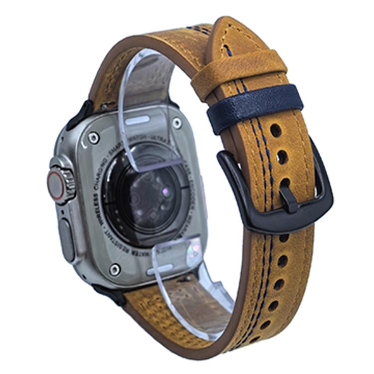 For Apple Watch 46mm / 49mm / 45mm / 44mm 7-Line Tri-Star Buckle Pull Up Leather Watch Band(Crazy Horse Light Brown Blue Thread) - Watch Bands by PMC TechLife | Online Shopping South Africa | PMC TechLife | Buy Now Pay Later Mobicred