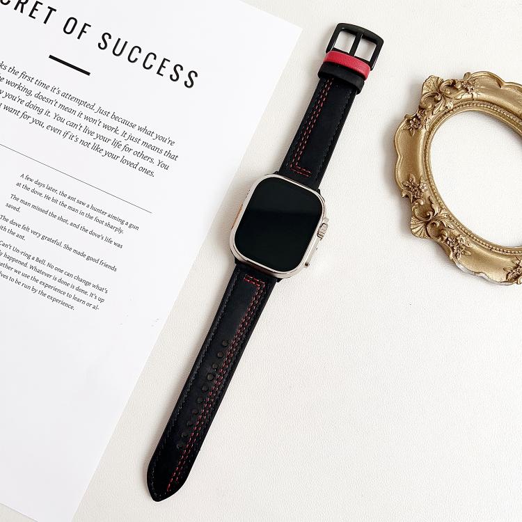For Apple Watch 42mm / 41mm / 40mm / 38mm 7-Line Tri-Star Buckle Pull Up Leather Watch Band(Black Red Thread) - Watch Bands by PMC TechLife | Online Shopping South Africa | PMC TechLife | Buy Now Pay Later Mobicred