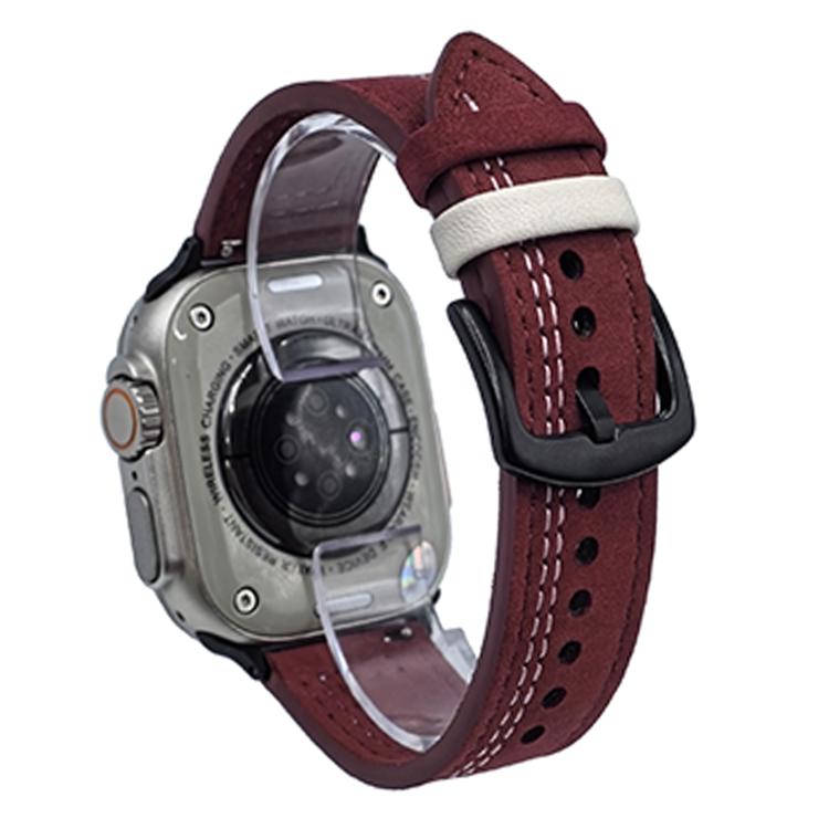 For Apple Watch 42mm / 41mm / 40mm / 38mm 7-Line Tri-Star Buckle Pull Up Leather Watch Band(Burgundy White Thread) - Watch Bands by PMC TechLife | Online Shopping South Africa | PMC TechLife | Buy Now Pay Later Mobicred