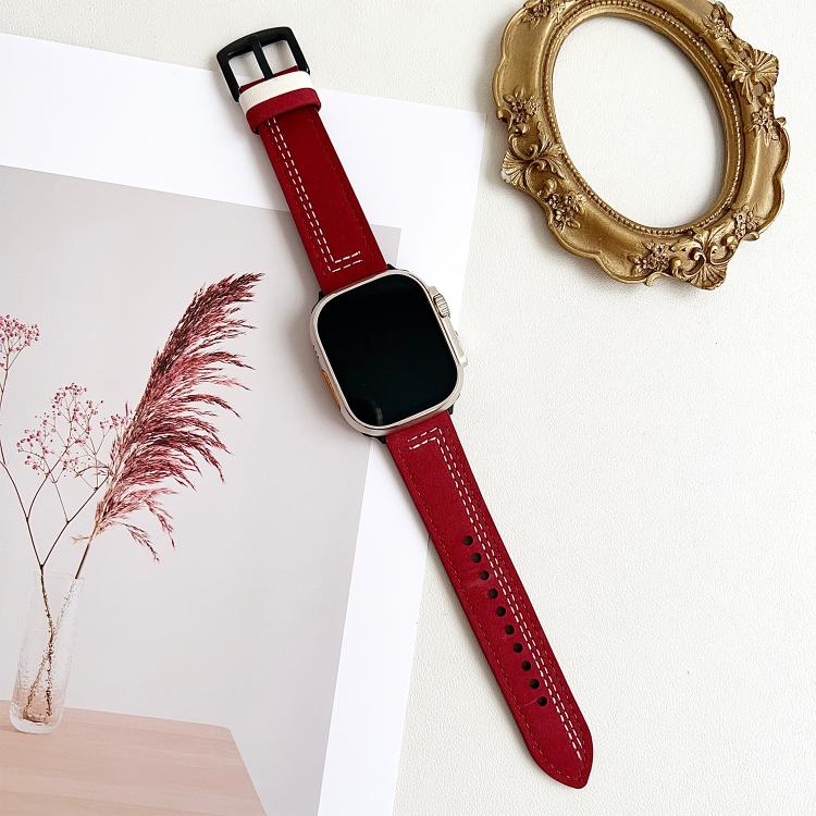 For Apple Watch 42mm / 41mm / 40mm / 38mm 7-Line Tri-Star Buckle Pull Up Leather Watch Band(Burgundy White Thread) - Watch Bands by PMC TechLife | Online Shopping South Africa | PMC TechLife | Buy Now Pay Later Mobicred