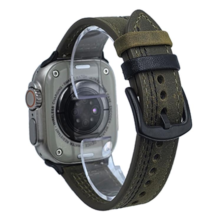 For Apple Watch 42mm / 41mm / 40mm / 38mm 7-Line Tri-Star Buckle Pull Up Leather Watch Band(Crazy Horse Army Green Black Thread) - Watch Bands by PMC TechLife | Online Shopping South Africa | PMC TechLife | Buy Now Pay Later Mobicred