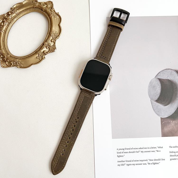 For Apple Watch 42mm / 41mm / 40mm / 38mm 7-Line Tri-Star Buckle Pull Up Leather Watch Band(Crazy Horse Army Green Black Thread) - Watch Bands by PMC TechLife | Online Shopping South Africa | PMC TechLife | Buy Now Pay Later Mobicred