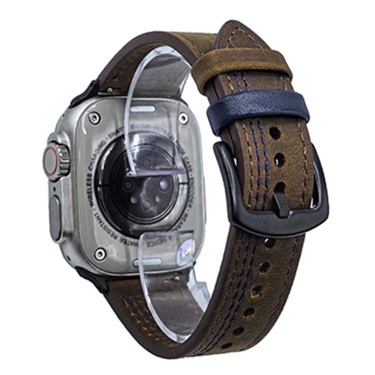 For Apple Watch 42mm / 41mm / 40mm / 38mm 7-Line Tri-Star Buckle Pull Up Leather Watch Band(Crazy Horse Dark Brown Blue Thread) - Watch Bands by PMC TechLife | Online Shopping South Africa | PMC TechLife | Buy Now Pay Later Mobicred