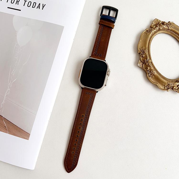 For Apple Watch 42mm / 41mm / 40mm / 38mm 7-Line Tri-Star Buckle Pull Up Leather Watch Band(Crazy Horse Dark Brown Blue Thread) - Watch Bands by PMC TechLife | Online Shopping South Africa | PMC TechLife | Buy Now Pay Later Mobicred