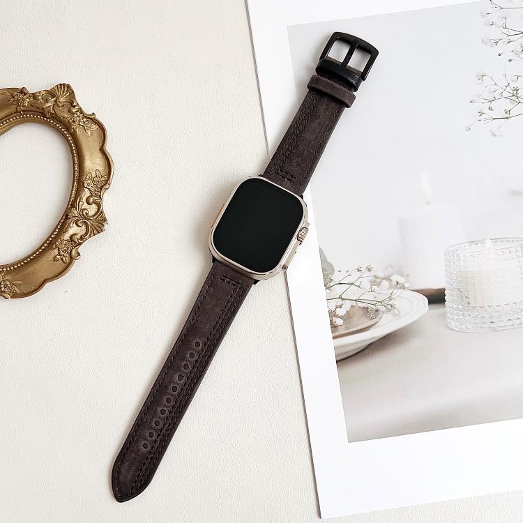 For Apple Watch 42mm / 41mm / 40mm / 38mm 7-Line Tri-Star Buckle Pull Up Leather Watch Band(Gray Black Thread) - Watch Bands by PMC TechLife | Online Shopping South Africa | PMC TechLife | Buy Now Pay Later Mobicred