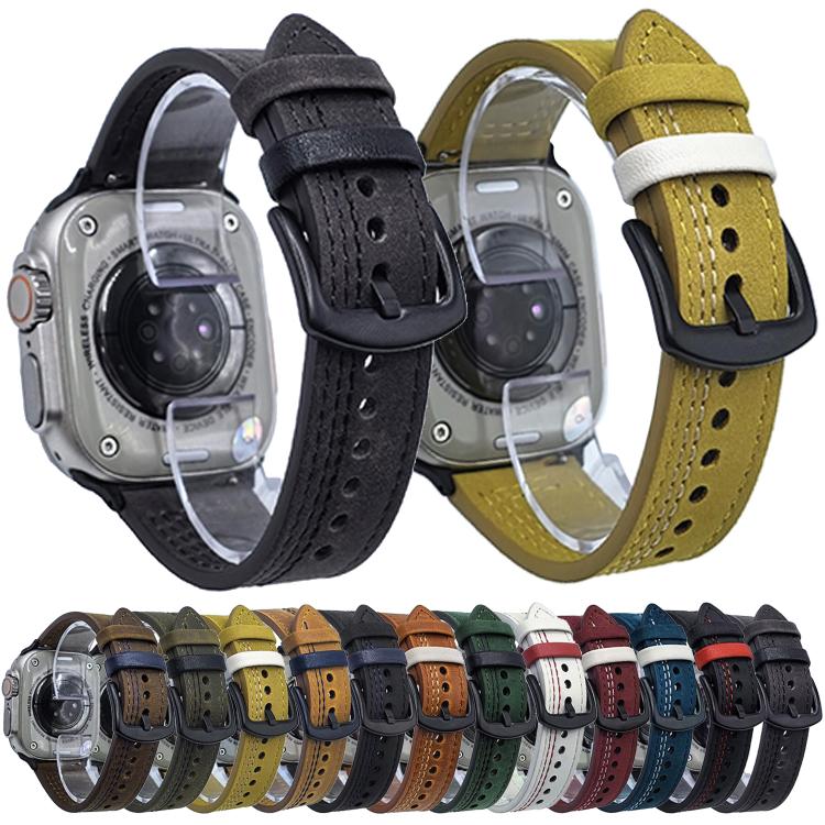For Apple Watch 42mm / 41mm / 40mm / 38mm 7-Line Tri-Star Buckle Pull Up Leather Watch Band(Crazy Horse Yellow Brown White Thread) - Watch Bands by PMC TechLife | Online Shopping South Africa | PMC TechLife | Buy Now Pay Later Mobicred