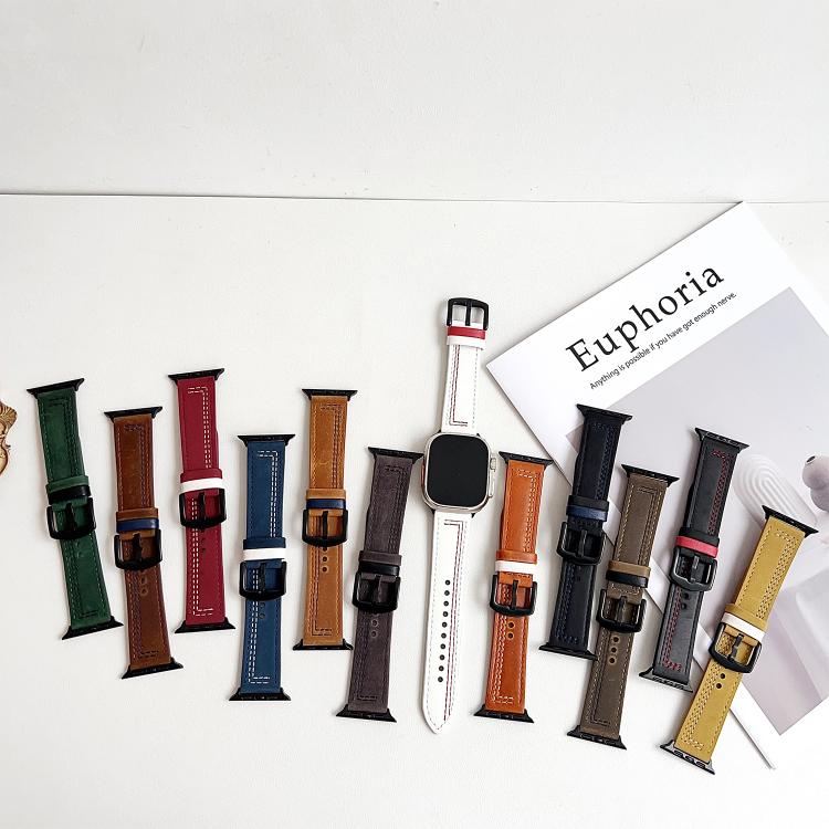 For Apple Watch 46mm / 49mm / 45mm / 44mm 7-Line Tri-Star Buckle Pull Up Leather Watch Band(Crazy Horse Army Green Black Thread) - Watch Bands by PMC TechLife | Online Shopping South Africa | PMC TechLife | Buy Now Pay Later Mobicred