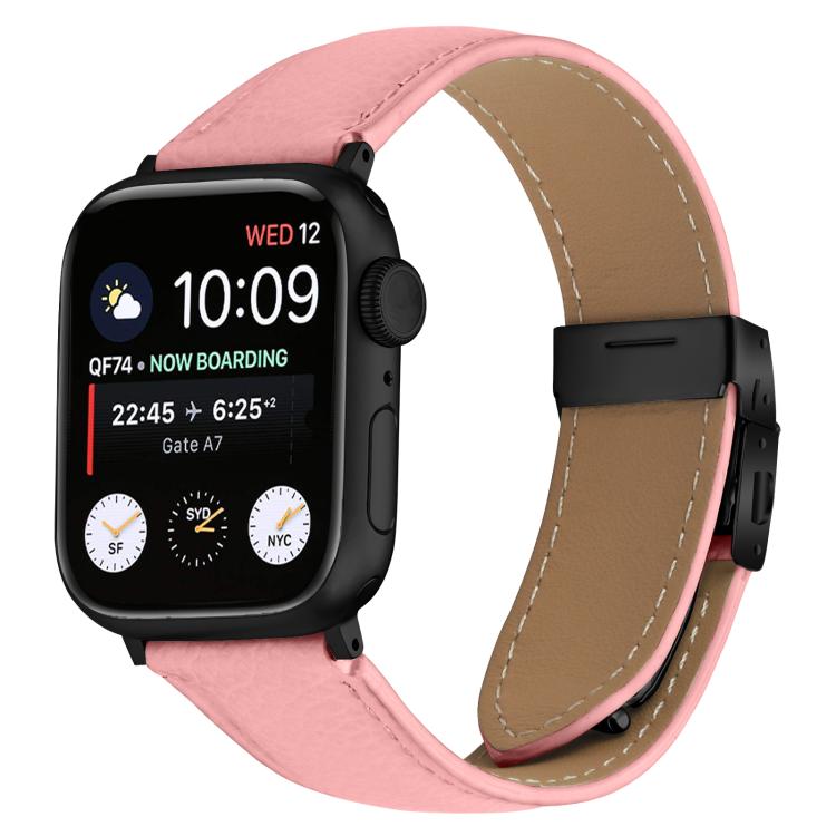 For Apple Watch 42mm / 41mm / 40mm / 38mm Lychee Texture Black Turtle Back Buckle Leather Watch Band(Pink) - Watch Bands by PMC TechLife | Online Shopping South Africa | PMC TechLife | Buy Now Pay Later Mobicred