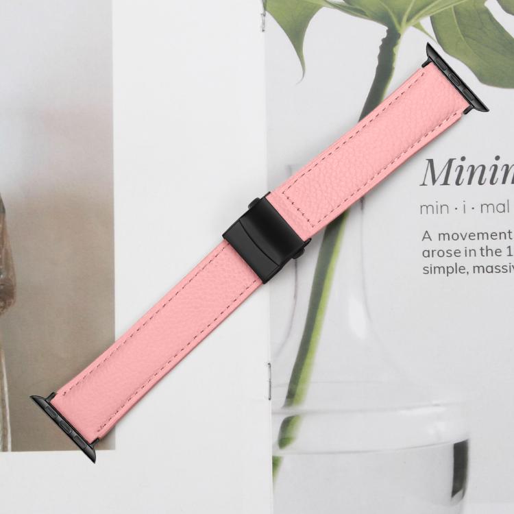 For Apple Watch 42mm / 41mm / 40mm / 38mm Lychee Texture Black Turtle Back Buckle Leather Watch Band(Pink) - Watch Bands by PMC TechLife | Online Shopping South Africa | PMC TechLife | Buy Now Pay Later Mobicred