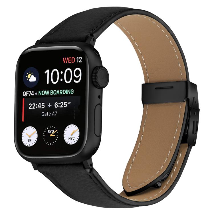 For Apple Watch 42mm / 41mm / 40mm / 38mm Lychee Texture Black Turtle Back Buckle Leather Watch Band(Black) - Watch Bands by PMC TechLife | Online Shopping South Africa | PMC TechLife | Buy Now Pay Later Mobicred