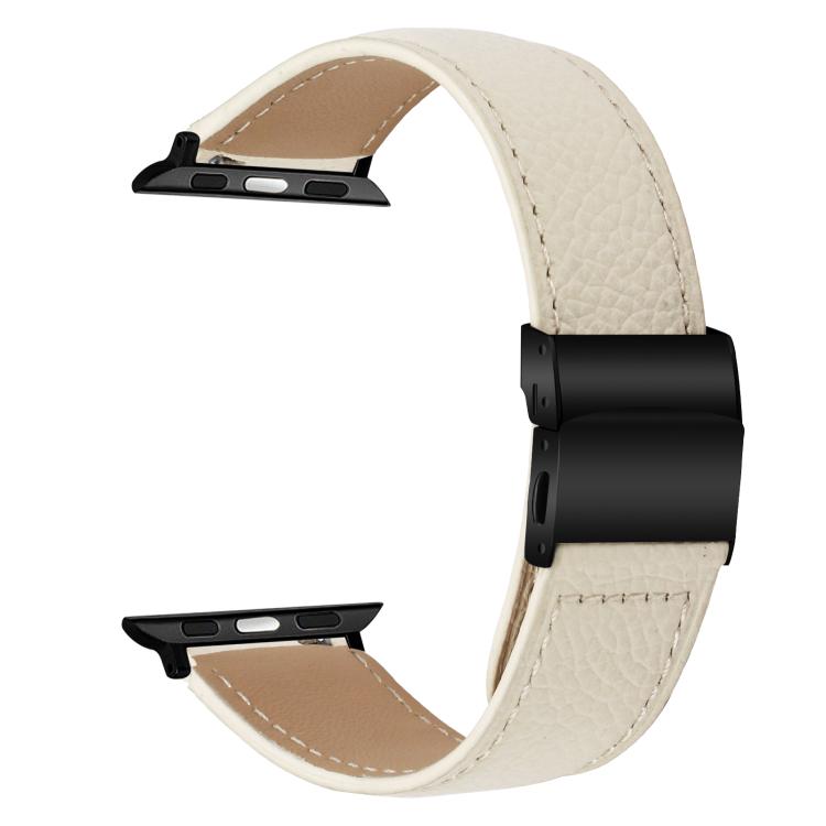 For Apple Watch 42mm / 41mm / 40mm / 38mm Lychee Texture Black Turtle Back Buckle Leather Watch Band(Creamy White) - Watch Bands by PMC TechLife | Online Shopping South Africa | PMC TechLife | Buy Now Pay Later Mobicred