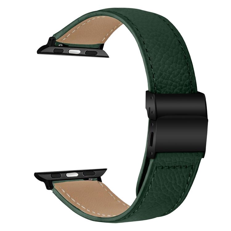 For Apple Watch 46mm / 49mm / 45mm / 44mm Lychee Texture Black Turtle Back Buckle Leather Watch Band(Green) - Watch Bands by PMC TechLife | Online Shopping South Africa | PMC TechLife | Buy Now Pay Later Mobicred