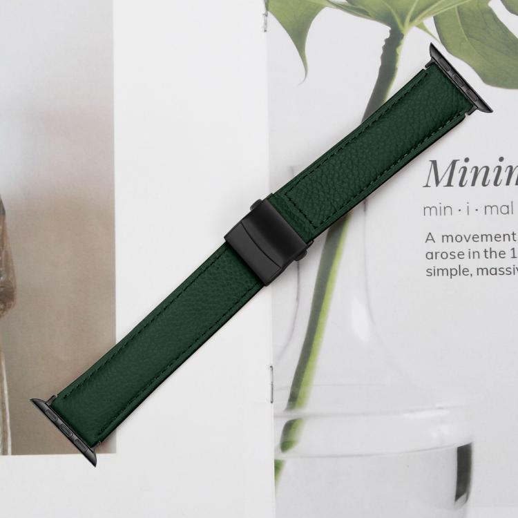 For Apple Watch 46mm / 49mm / 45mm / 44mm Lychee Texture Black Turtle Back Buckle Leather Watch Band(Green) - Watch Bands by PMC TechLife | Online Shopping South Africa | PMC TechLife | Buy Now Pay Later Mobicred