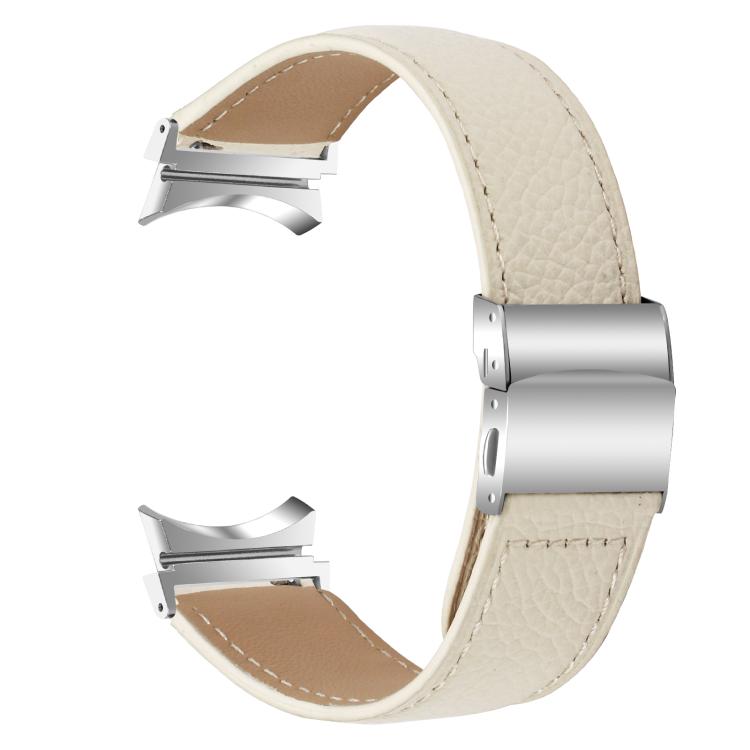 For Samsung Galaxy Watch 7 40 / 44mm Lychee Texture Silver Turtle Back Buckle Leather Watch Band(Creamy White) - free shipping - PMC TechLife - Order now!