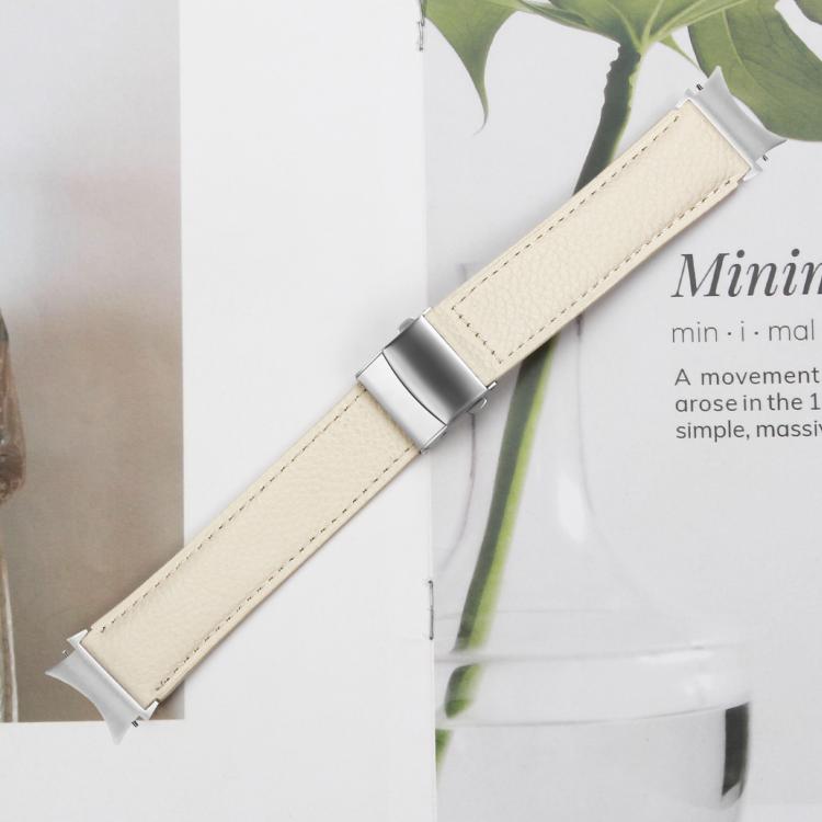 For Samsung Galaxy Watch 7 40 / 44mm Quick Release Lychee Texture Silver Turtle Back Buckle Leather Watch Band(Creamy White) - free shipping - PMC TechLife - Order now!