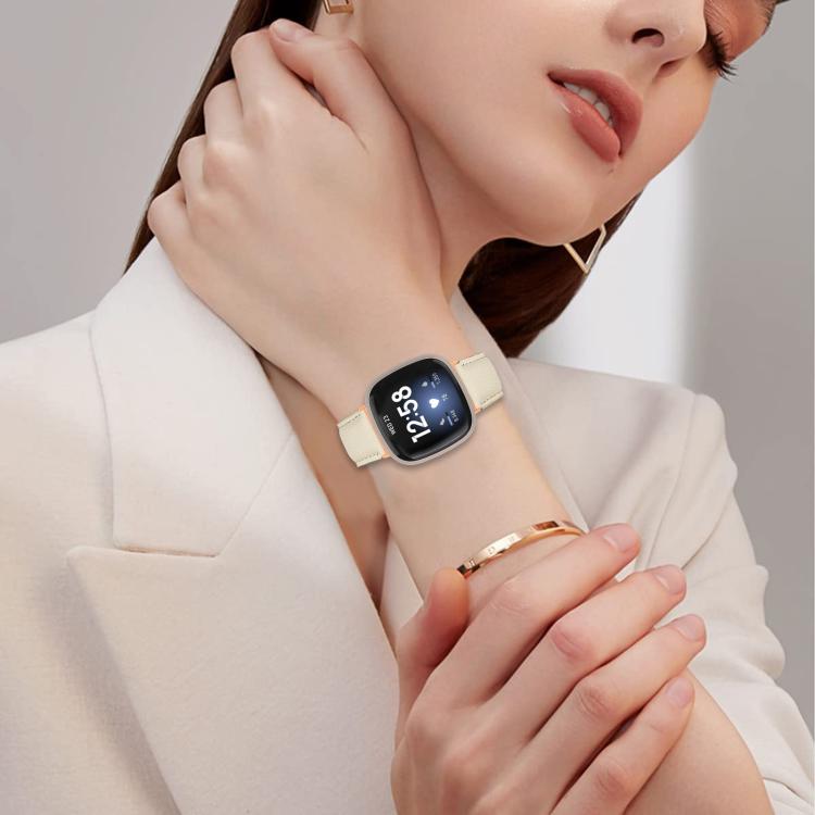 For Fitbit Versa 3 / 4 Lychee Texture Rose Gold Turtle Back Buckle Leather Watch Band(Creamy White) - free shipping - PMC TechLife - Order now!