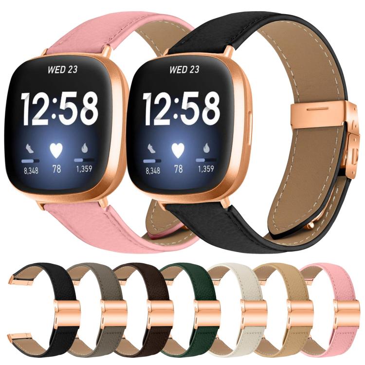 For Fitbit Versa 3 / 4 Lychee Texture Rose Gold Turtle Back Buckle Leather Watch Band(Black) - free shipping - PMC TechLife - Order now!