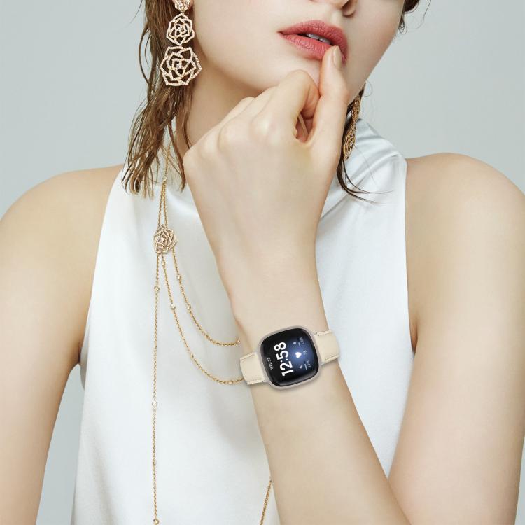 For Fitbit Versa 3 / 4 Lychee Texture Silver Turtle Back Buckle Leather Watch Band(Creamy White) - free shipping - PMC TechLife - Order now!