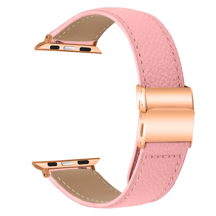For Apple Watch 46mm / 49mm / 45mm / 44mm Lychee Texture Rose Gold Turtle Back Buckle Leather Watch Band(Pink) - free shipping - PMC TechLife - Order now!