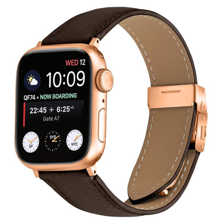 For Apple Watch 46mm / 49mm / 45mm / 44mm Lychee Texture Rose Gold Turtle Back Buckle Leather Watch Band(Coffee Color) - free shipping - PMC TechLife - Order now!