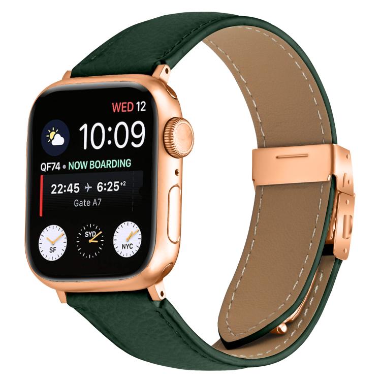 For Apple Watch 46mm / 49mm / 45mm / 44mm Lychee Texture Rose Gold Turtle Back Buckle Leather Watch Band(Green) - free shipping - PMC TechLife - Order now!