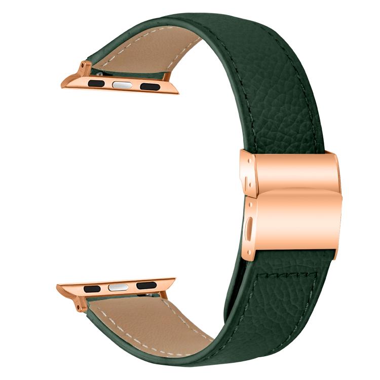 For Apple Watch 46mm / 49mm / 45mm / 44mm Lychee Texture Rose Gold Turtle Back Buckle Leather Watch Band(Green) - free shipping - PMC TechLife - Order now!
